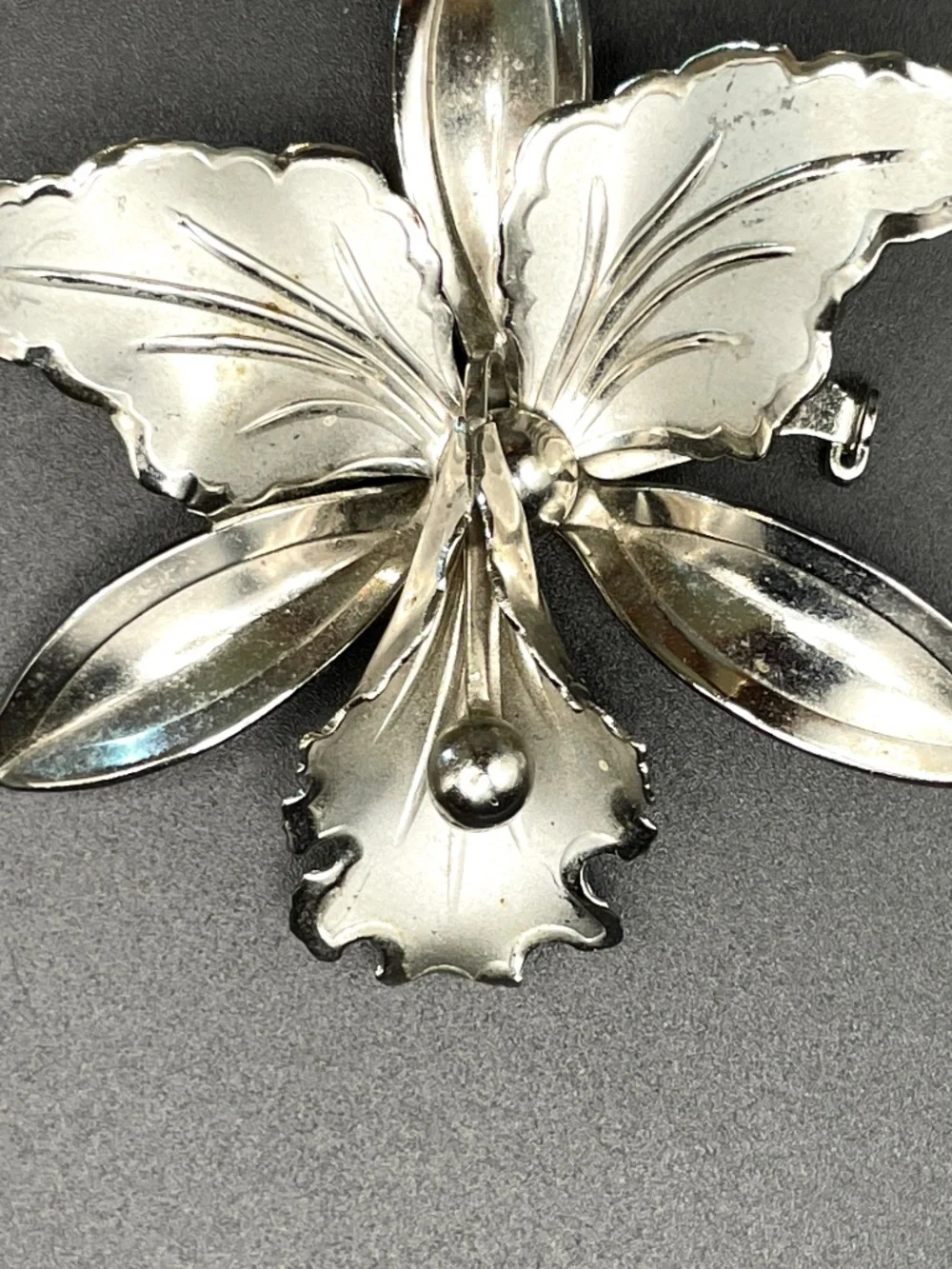 Vintage Mid-Century Silver Tone Orchid Pin Brooch